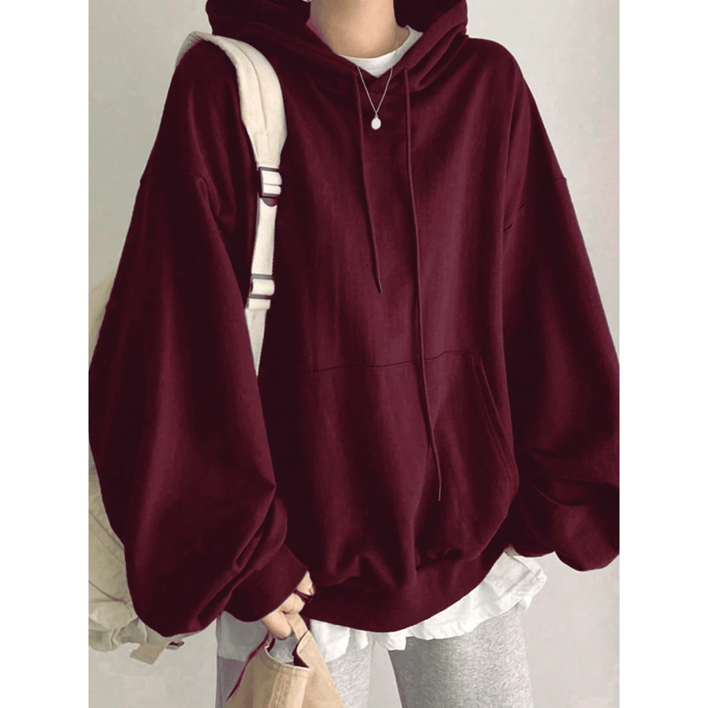 Women's Plain Oversized Solid Hooded Sweatshirt With Offset Layers - 酒紅色 - 查看 1