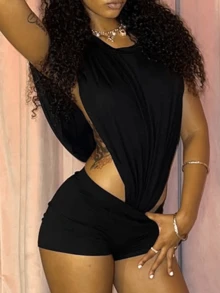 Black Cutout Sleeveless Bodysuit Women's High Waist Jumpsuit With Chains Plus Size Outfit Night Club Wear - 黑色 - 查看 4
