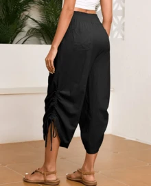 GS SNOWING Women's Palazzo Pants Summer Boho Wide Leg High Waisted Casual Harem Pant With Pocket - 黑色 - 查看 4