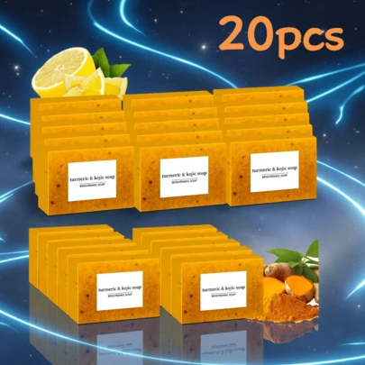 [20pcs Lemon Turmeric Soap] 20pcs Lemon Turmeric & Kojic Acid Cold Process Handmade Soap | Facial & Body Cleansing, Bath & Face | Natural Ginger Extract, Cleansing, Moisturizing & Exfoliating With Granules