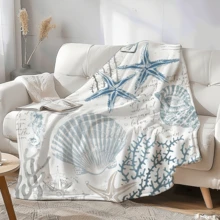 1pc Vintage Nautical-Style Starfish & Shell Plush Blanket - Comfortable Lightweight Polyester Blanket In Blue & Cyan Color With Coral Reef Pattern, Hypoallergenic, Machine Washable, Suitable For All Seasons, Great For Sofa, Bed, Beach House Decor - Multicolor - View 9