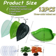 12 piezas Decoración de recipiente de vidrio para reptiles y animales acuáticos, accesorios para ranas arbóreas y serpientes, adecuado para: plataforma de tomar el sol para tortugas, juguetes para trepar en la pared para lagartos y geckos, decoración de hábitat para peces de acuario y camarones - con tazón de alimentación y ventosa para plantas