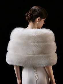 优雅时尚女士新娘婚礼派对户外秋冬防风保暖仿皮草披肩 - 白色 - 查看 4