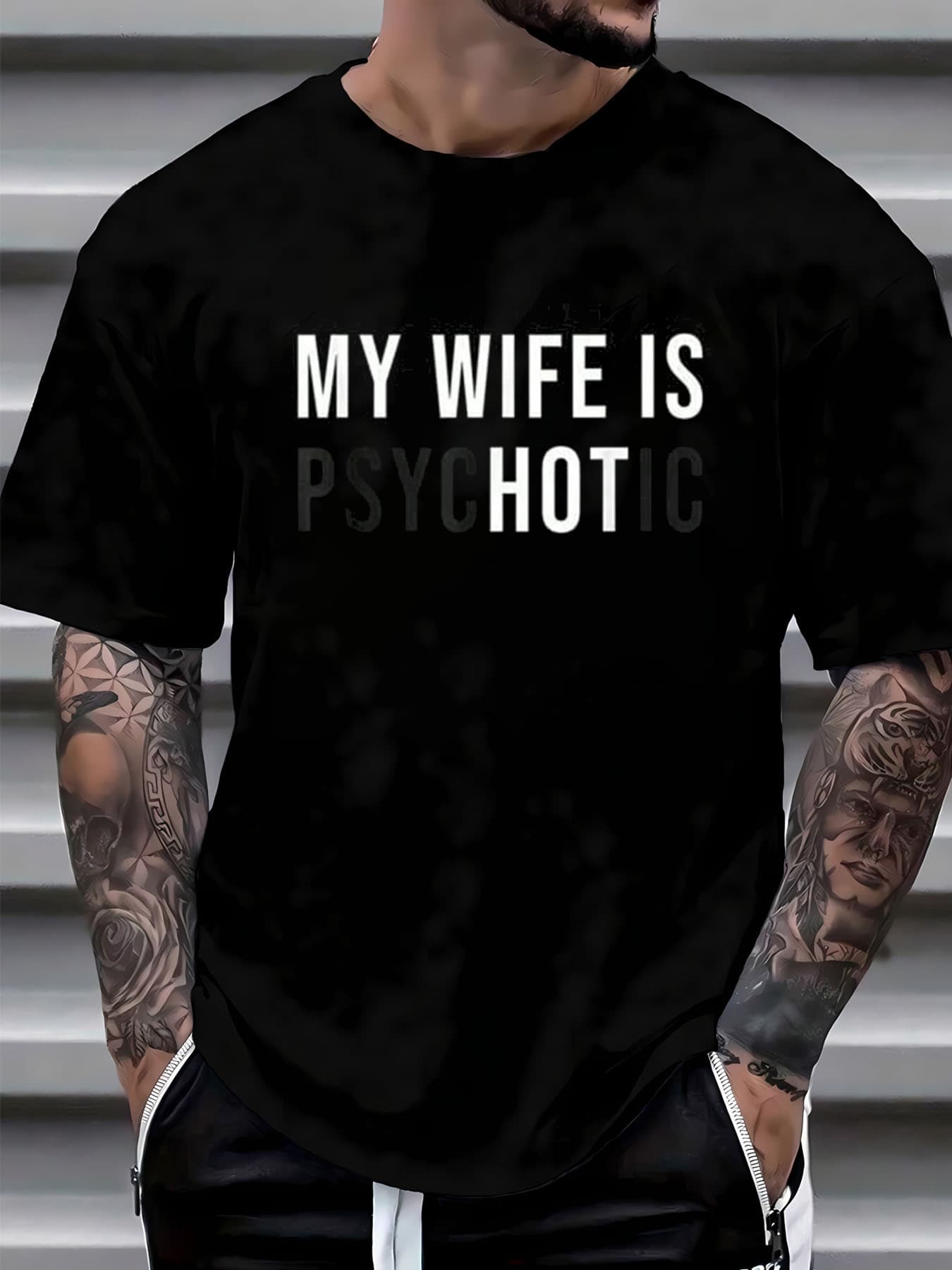 Plus Size Graphic Tee, MY WIFE IS PSYCHOTIC  Men Graphic Tee Top For Summer - màu đen - Xem 1