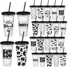 24-Pack Halloween Plastic Cups With Lids And Straws - Reusable 24 Oz Cold Drink Cups For Halloween Party Supplies