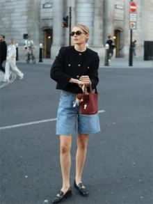 女式纯色粗花呢圆领口袋前扣休闲夹克 - 黑色 - 查看 11