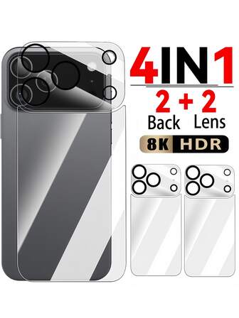 4in1 [2Pcs Back Tempered Glass+2pcs Camera Lens Glass Film]Screen Protector Tempered Glass Film Compatible With IPhone 17 16 15 14 13 12 11 No Bubbles, Oil Repellent Coating Easy To Install Explosion Proof, Automatic Adsorption, High Hardness, Round Edge Dustproof Design