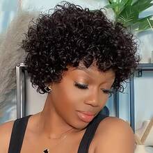 Perruques coupe Pixie, cheveux humains brésiliens courts et bouclés, coupe Bob, pour femmes, perruques brésiliennes ondulées, fabriquées à la machine, abordables, faciles à porter, pour un usage quotidien et les costumes d'Halloween - Naturelle & Noire - Voir 8