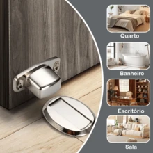 Kit 4 Prendedor Porta Magnético Slim Adesivo 3m Aço Inox Cromado Batente Trava Porta Segurador Imã Forte - Prata - Visão 3