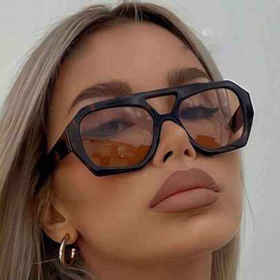 1 Pair Women's Leopard Print Polygon PC Frame Retro Double Bridge Street Style Fashion Glasses