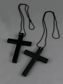 2 piezas Collar largo con colgante de cruz, madera negra y metal, joyería unisex punk Y2K para atuendo diario, accesorios para fiestas - Negro - Ver 8