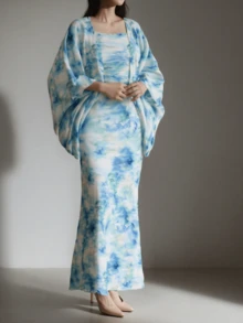 Kuntum Kebaya 印花服装套装，女式，中长连衣裙，开衫，节日服装套装，穆斯林服装，优雅连衣裙 Kebayamodern Kebayalebaran Bajuraya Outfitinspo 服装 - 藍色 - 查看 1