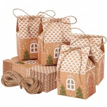 25pcs Mini Christmas Party Favor Boxes, Cute Christmas House Boxes With Rope Craft Paper Small Gift Box For Cookie Bakery Candy Cupcake Party Favor