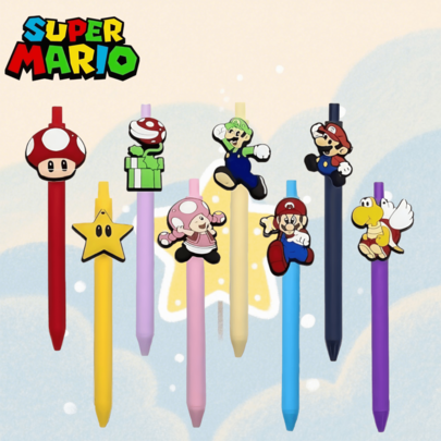 Super Mario Super Mario Officially Licensed High-Quality Pen Set, 5pcs/8pcs/10pcs Options, Super Mario PVC Cartoon Character Design, 0.5mm Fine Tip, Black Ink, Durable Plastic Material, Suitable For School And Office Writing, Perfect Gift For Mario Fans