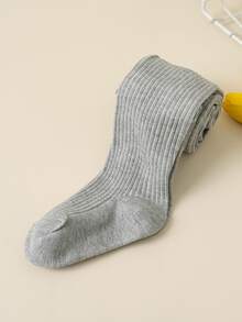 1 件纯棉竖条纹纯色女童紧身裤，不透明打底裤 - 灰色 - 查看 5