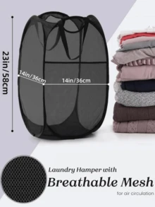 Collapsible Pop-Up Laundry Hamper Basket: Features Sturdy Handles & Side Pocket, Breathable Mesh & One-Second Pop-Up/Collapse Design.  For Efficient Dirty Clothes Storage & Easy Transport.  Perfect For Dorm Rooms, College Life, Laundry/Bathroom Organization, Travel & Small Spaces.  Ideal For Students, Travelers, Space-Saving Homes.  Black. - 黑色 - 查看 2