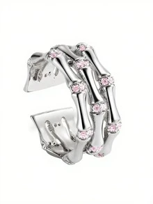 Charm-In 1pc Silver-Tone 3-Layer Bamboo Design Ring With Pink Zirconia Stone - Silver/Pink Stone - View 7