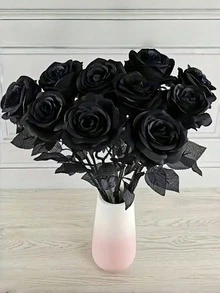 20 pièces/5 pièces/1 pièce Roses noires artificielles pour la décoration, convient pour la décoration d'Halloween à la maison, la décoration d'automne, la décoration de la chambre, la décoration d'Halloween, les décorations d'automne pour la maison, Halloween, Rose, Couronne DIY, belle décoration de mariage, cadeau de la Saint-Valentin, arrangement de bouquet, plantes artificielles pour la maison, décoration de jardin - noir - Voir 1