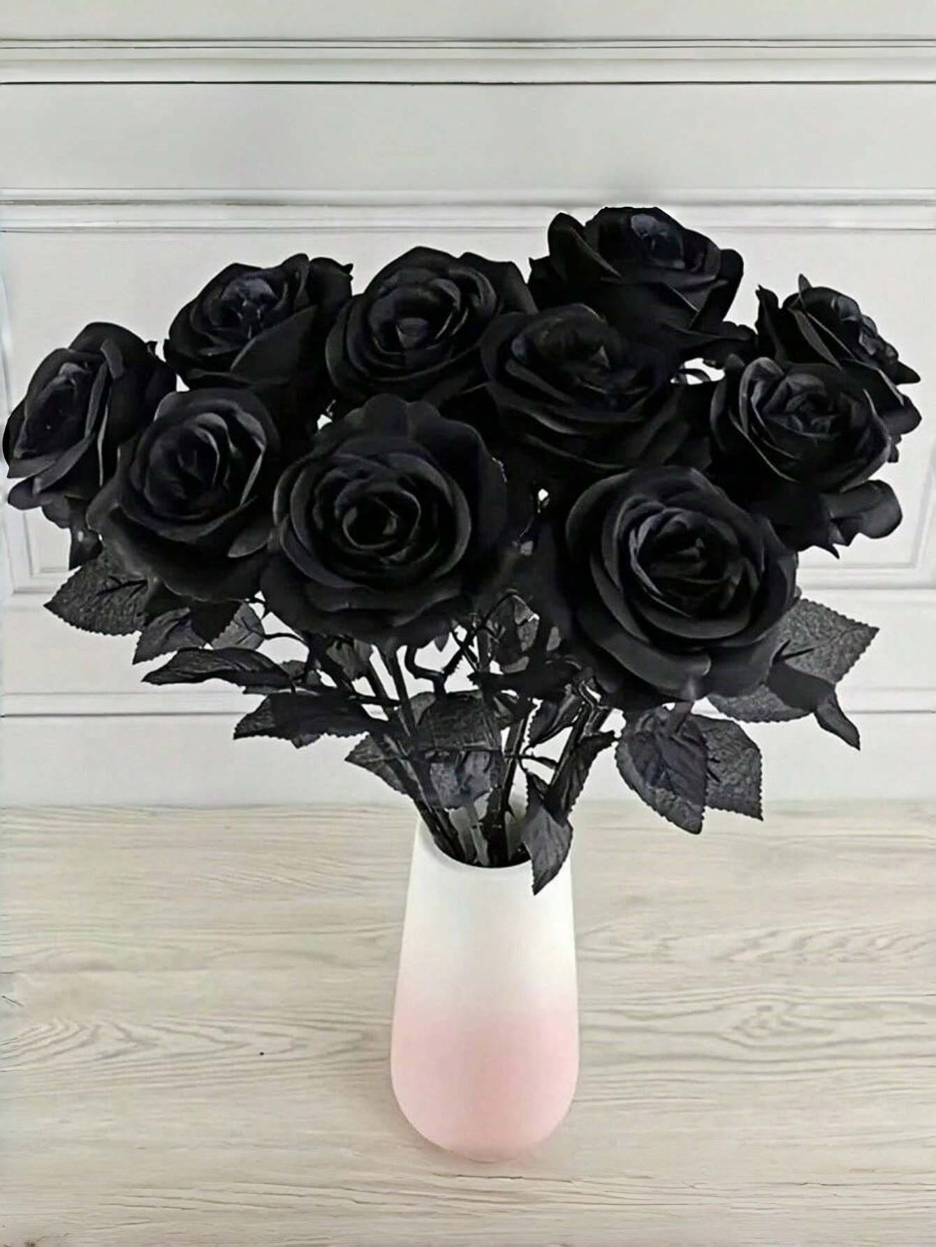 20 pièces/5 pièces/1 pièce Roses noires artificielles pour la décoration, convient pour la décoration d'Halloween à la maison, la décoration d'automne, la décoration de la chambre, la décoration d'Halloween, les décorations d'automne pour la maison, Halloween, Rose, Couronne DIY, belle décoration de mariage, cadeau de la Saint-Valentin, arrangement de bouquet, plantes artificielles pour la maison, décoration de jardin - noir - Voir 1