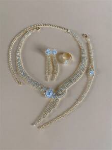 4pcs Sparkling Luxury Crystal Jewelry Set, Necklace, Earrings, Ring, Bracelet, Fashion Bridal Wedding Party Dress Accessories