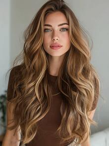 SMILCO 28 Inches, Brown Balayage, High Temperature Silk, Middle Parting, Slightly Curly, Rose Inner Net, Comfortable And Breathable, Easy To Wear, Suitable For Daily/Activity Wear - Màu nâu ombre - Xem 10