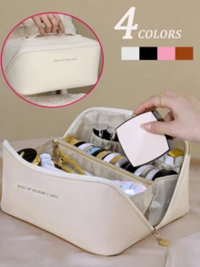 1 Stück PU-Leder Reise Make-up Tasche, großer wasserdichter Kosmetik Organizer mit hoher Kapazität, tragbare Handtasche für Hautpflege & Kosmetik, geeignet für Reisen, Universität, Strand, Schule, Badezimmer, Feiertage, Valentinstag, Muttertag, Weihnachten, Erntedankfest - Aprikosenfarben - Übersicht 4