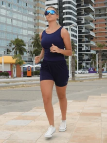 Women's Dry Fit Compression Shorts Navy Blue 2 In 1 Gym Training Running Secret Internal Pocket - Navy Blue - View 3