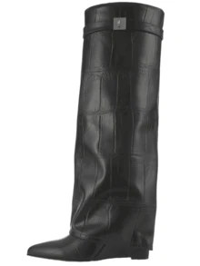 Luxury Fashion Women Fold Over Pointy Pull-On Shark Boots Women Wide Calf Padlock Boots Nightclub Elegant Shoes - 黑色石頭紋 - 查看 8