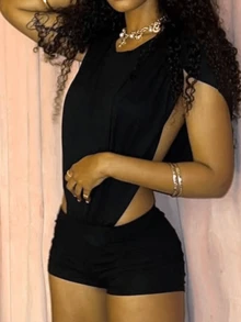 Black Cutout Sleeveless Bodysuit Women's High Waist Jumpsuit With Chains Plus Size Outfit Night Club Wear - 黑色 - 查看 3