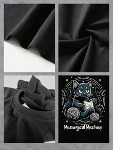Camiseta gráfica para mujer que presenta un diseño de gato caprichoso con hilo y estrellas mágicas, perfecta para ropa informal y amantes de los gatos, camiseta de mezcla de algodón elegante y cómoda. - Negro - Ver 4