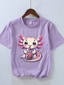 Teen Girl's Loose Cartoon Axolotl Print Round Neck Short Sleeve Tee Spring And Summer Casual T Shirt For Girl,Suitable For School, Vacation And Shopping Outfits