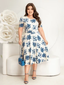 DRESS WITH BELT, FULL GODÊ SKIRT, SHORT SLEEVES, ROUND NECKLINE WITH VISCOLYCRA FLORAL PRINT - Màu xanh lam - Xem 2