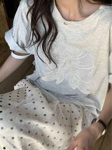 刺绣蕾丝蝴蝶结印花短袖圆领 T 恤 - 淺灰色 - 查看 5