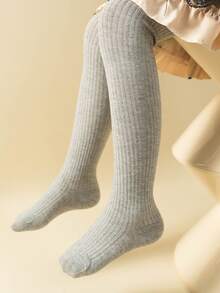 1 件纯棉竖条纹纯色女童紧身裤，不透明打底裤 - 灰色 - 查看 4