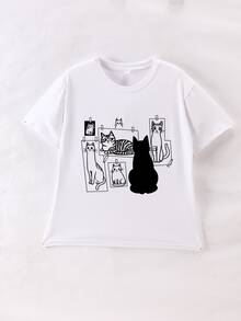 少女卡通猫咪印花图案 T 恤，适合女孩短袖 T 恤，少女夏季上衣圆领衬衫，适合上学、度假和购物服装 - 白色 - 查看 2