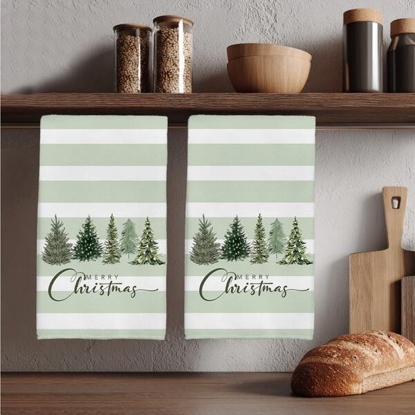 2pcs Christmas Minimalist Green Striped Christmas Tree & Merry Christmas Pattern Kitchen Towels, Soft Polyester Material Dish Cloths, Suitable For Kitchen Decor, Kitchen Cleaning, Holiday Party Decoration, Kitchen & Bathroom Essentials, Home Decor, Housewarming Gift