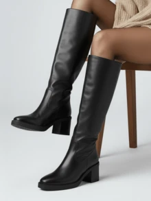Women's Black Square Toe Platform Chunky Heel Knee High Boots Side Zipper PU Leather GoGo Boots For Spring Summer Daily Outfit - 黑色 - 查看 2