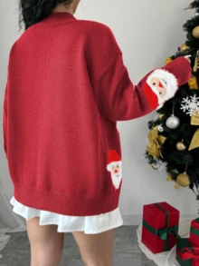 Women's Christmas Knit Cardigan Fashionable Santa Embroidery Long Sleeve V Neck Button Down Sweater