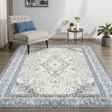 Gdieo Area Rugs For Living Room, Machine Washable Vintage Floral Carpet, Non-Slip Low Pile Throw Rugs With Rubber Backing Washable Carpet For Bedroom Room, Navy Blue And White Rug For Home Decor. - Blue - View 15