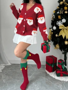 Women's Christmas Knit Cardigan Fashionable Santa Embroidery Long Sleeve V Neck Button Down Sweater