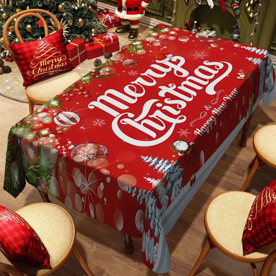 1/20pcs Rectangular Christmas Tablecloth, Polyester Fiber Festive Table Cover, Christmas Ball And Letter Pattern Tablecloth, Suitable For 8/6/4 Seater Dining Tables, New Year Party Decoration, Machine Washable And Easy To Clean, Durable Fabric, A Must-Have For Home Entertainment Occasions - Multicolor - View 1