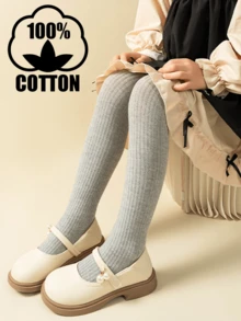 1 件纯棉竖条纹纯色女童紧身裤，不透明打底裤 - 灰色 - 查看 10