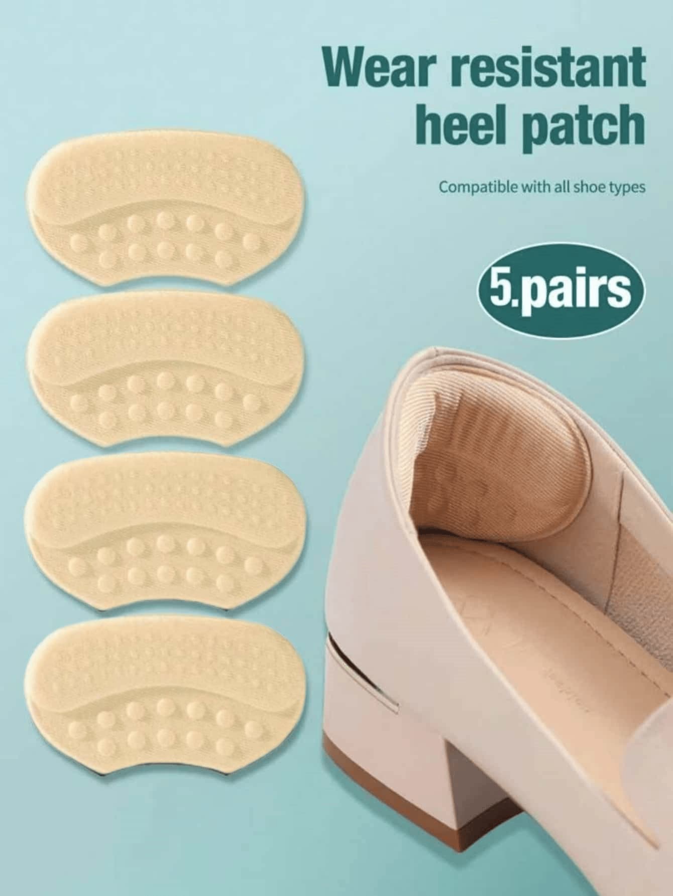 5 pares de protectores de tacón para mujeres, previenen el desgaste y el deterioro del tacón del zapato. Diseño con adhesivo en la parte posterior con una fuerte adherencia que no daña los zapatos. Adecuado para ajustar el tamaño del zapato. Accesorios de zapato desechables.