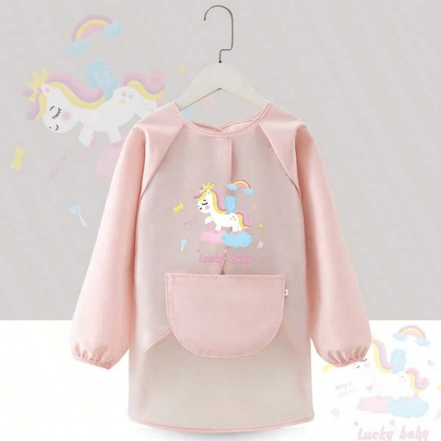 Delantal minimalista de moda con patrones de dibujos animados lindos de unicornio, dinosaurio y astronauta, delantal reversible para pintura y colorear, anti-sucio, para niños y niñas a la hora de las comidas