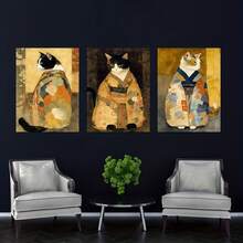 3 piezas Gatos japoneses caprichosos en arte de pared con estampado de kimono - Obra de arte de estilo vintage inspirada en Ukiyo-E, ilustraciones de animales caprichosas en forma de impresión, adorables acentos de decoración del hogar oriental Japandi, pintura de lienzo de alta calidad para una belleza duradera, diseño sin marco para una fácil colocación - Perfecto para mejorar el ambiente de la sala de estar
