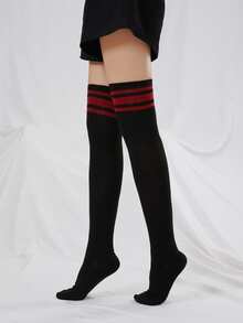 1双女士不对称三条纹过膝袜，适合日常穿着，舒适保暖 - 彩色 - 查看 4