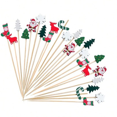 Set de 10/20/30/50/80/100/200 palillos de dientes con diseños festivos de Navidad/Acción de Gracias/Halloween, palillos de bambú con diseños variados de Papá Noel, renos, muñeco de nieve, copos de nieve, árbol de Navidad y estrellas, adecuados para aperitivos, pinchos de fruta, decoración de pasteles, sándwiches y aperitivos de fiestas