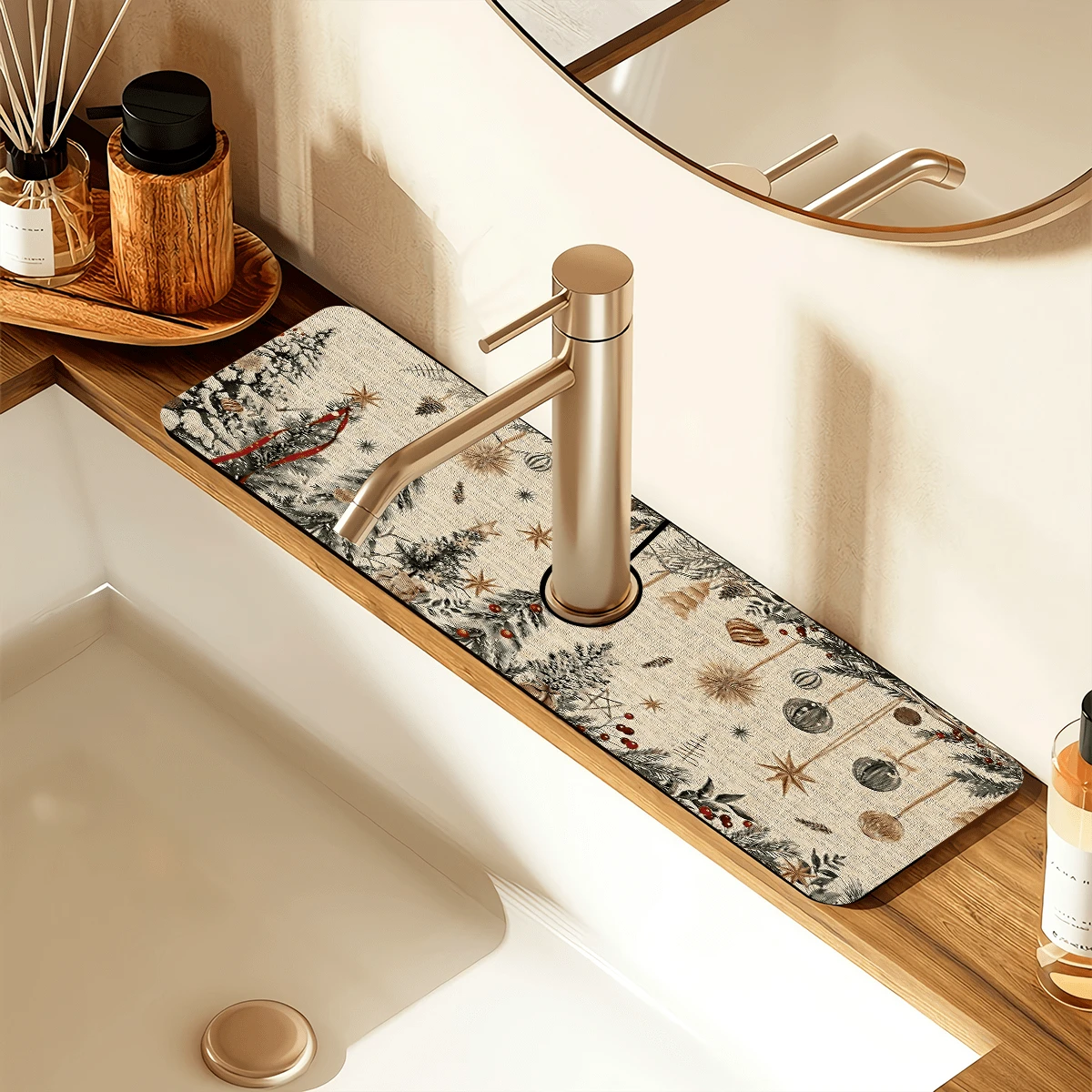 1 pièce Couvre-robinet à motif sapin de Noël, décoration et cadeau de Noël, en polyester durable, séchage rapide, facile à nettoyer, convient pour la cuisine et la salle de bain, installation facile, décoration quotidienne, cadeau, tapis de salle de bain, couvre-robinet durable, accessoire de robinet