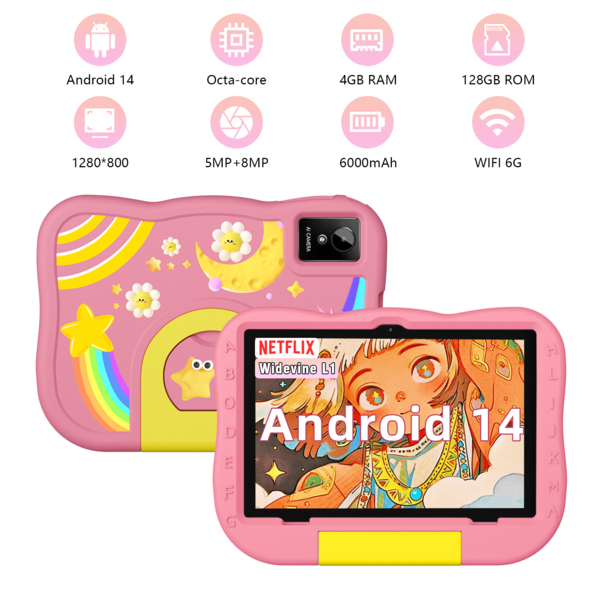 Qetupa Kids Tablet,10.1inch Android 14 Tablet For Kids With A523 Octa-Core 2.0GHz, 4GB RAM+128GB ROM,Wifi 2.4g+6g Wireless,HD 11(1280*800) IPS Touch Screen,5MP+8MP Dual Camera,6000mAh Battery,1TB SD Expansion,BT5.4&802.11ac,Parental Control, Education APP – Great For Christmas & Halloween Kids' Activities