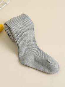 1 件纯棉竖条纹纯色女童紧身裤，不透明打底裤 - 灰色 - 查看 6